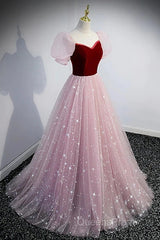 A-Line Evening Prom Dress Princess Dress Evening Prom Floor Length Short Sleeve Sweetheart Tulle With Sequin