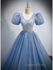 A-Line Evening Prom Dress Puffy Dress Quinceanera Floor Length Short Sleeve V Neck Tulle With Sequin