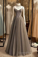 A-Line Evening Prom Dress Sexy Dress Formal Floor Length Sleeveless Strap Tulle With Pleats Crystals