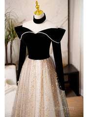 A-Line Evening Prom Dress Sparkle & Shine Dress Engagement Floor Length Long Sleeve Sweetheart Tulle With Sequin
