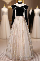 A-Line Evening Prom Dress Sparkle & Shine Dress Engagement Floor Length Long Sleeve Sweetheart Tulle With Sequin