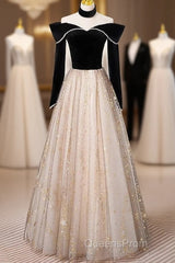 A-Line Evening Prom Dress Sparkle & Shine Dress Engagement Floor Length Long Sleeve Sweetheart Tulle With Sequin