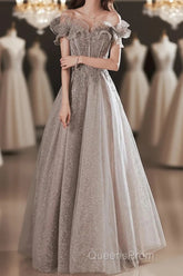 A-Line Evening Prom Dress Sparkle & Shine Dress Wedding Guest Evening Prom Floor Length Short Sleeve Off Shoulder Polyester With Sequin Ruffles