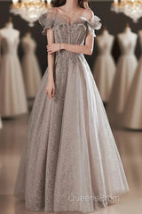 A-Line Evening Prom Dress Sparkle & Shine Dress Wedding Guest Evening Prom Floor Length Short Sleeve Off Shoulder Polyester With Sequin Ruffles