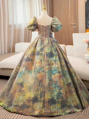 A-Line Puff Sleeves Gold Long Evening Prom Dress Quinceanera Dress With Flower Elegant