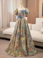 A-Line Puff Sleeves Gold Long Evening Prom Dress Quinceanera Dress With Flower Elegant