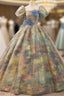 A-Line Puff Sleeves Gold Long Evening Prom Dress Quinceanera Dress With Flower Elegant