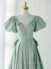 A-Line Puff Sleeves Green Long Evening Prom Dress, Green Evening Dress