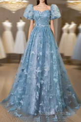 A-Line Puff Sleeves Lace Gray Blue Long Evening Prom Dress, Gray Blue Formal Dress