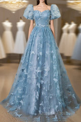 A-Line Puff Sleeves Lace Gray Blue Long Evening Prom Dress, Gray Blue Formal Dress