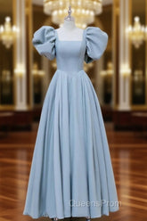 A-Line Puff sleeves Long Blue Evening Prom Dress, Square Neckline Blue Long Evening Dress