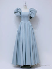 A-Line Puff sleeves Long Blue Prom Dress, Square Neckline Blue Long Formal Dress