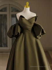 A-Line Puff Sleeves Olive Green Satin Long Prom Dress, Olive Green Long Formal Dress
