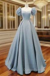 A-Line Puff Sleeves Satin Blue Long Evening Prom Dress, Blue Long Evening Dress