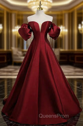 A-Line Puff Sleeves Satin Burgundy Long Evening Prom Dress, Burgundy Long Evening Dress