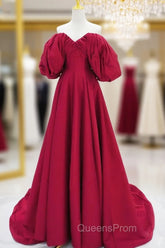 A-Line Puff Sleeves Satin Dark Red Long Evening Prom Dress, Dark Red Long Evening Dress