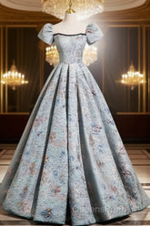 A-Line Puff Sleeves Satin Gray Blue Long Evening Prom Dress, Gray Blue Long Evening Dress