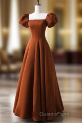 A-Line Puff Sleeves Satin Long Evening Prom Dress, Long Evening Dress