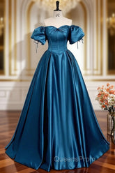 A-Line Puff Sleeves Satin Peacock Blue Long Evening Prom Dress, Peacock Blue Long Evening Dress