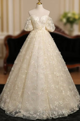 A-Line Puff Sleeves Tulle Lace Champagne Long Evening Prom Dress, Champagne Formal Dress