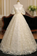 A-Line Puff Sleeves Tulle Lace Champagne Long Evening Prom Dress, Champagne Formal Dress