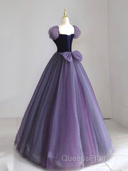 A-Line Puff Sleeves Tulle Velvet Purple Long Evening Prom Dress, Purple Long Formal Dress