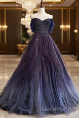 A-Line Purple Gradient Tulle Long Evening Prom Dress