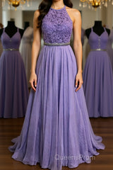 A Line Purple Lace Long Evening Prom Dress with Belt, Purple Lace Formal Dress, Purple Evening Dress, Bridesmaid Dress