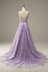 A-Line Purple Spaghetti Straps Long Evening Prom Dress With Appliques