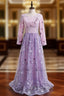 A-Line Purple Tulle Embroidery Long Sleeve Evening Prom Dress