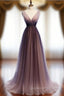 A-line Purple Tulle V-Neck Pleats Sleeveless Evening Prom Dress