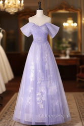 A-line Purple Tulle with Lace Off Shoulder Evening Dress, Purple Tulle Evening Prom Dress