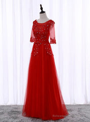 A-Line Red Half Sleeve Lace Bridesmaid Dress