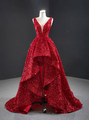 A-line Red Sequins V-neck Prom Dress