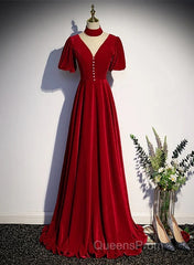 A-Line Red High Neckline Velvet Long Party Dress Short Sleeves Velvet Evening Prom Dress