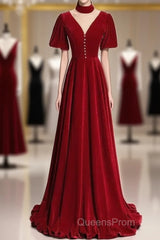 A-Line Red High Neckline Velvet Long Party Dress Short Sleeves Velvet Evening Prom Dress
