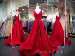 A Line Red Evening Prom Dress V Neck Satin Long Evening Dress