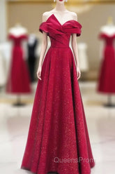 A-Line Red Satin Long Off Shoulder Evening Dress, Simple Floor Length Evening Prom Dress