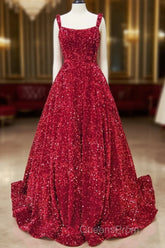 A-Line Red Sequin Quince Dress Square Neck Backless Long Evening Prom Dress