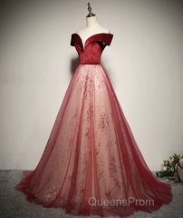 A-Line Red Tulle And Velvet Off Shoulder Long Evening Prom Dress, Red Evening Dress