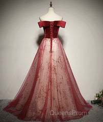 A-Line Red Tulle And Velvet Off Shoulder Long Evening Prom Dress, Red Evening Dress