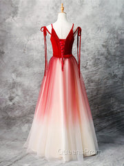 A-Line Red Velvet Tulle Long Evening Prom Dress, Red Evening Dress