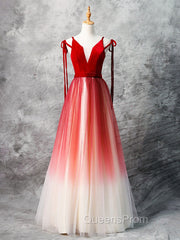 A-Line Red Velvet Tulle Long Evening Prom Dress, Red Evening Dress