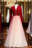 A-Line Red Velvet Tulle Long Sleeve Open Back Evening Prom Dress