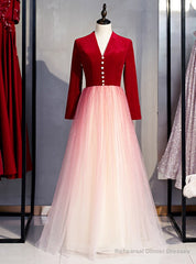 A-Line Red Velvet Tulle Long Sleeve Open Back Prom Dress