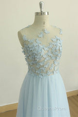 A Line Round Neck Baby Blue Lace Long Evening Prom Dress with Butterfly, Baby Blue Lace Formal Graduation Evening Dress