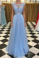 A Line Round Neck Blue Lace Appliques Tulle Long Evening Prom Dress, Blue Lace Graduation Dress, Blue Evening Formal Dress