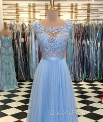 A Line Round Neck Blue Lace Appliques Tulle Long Evening Prom Dress, Blue Lace Graduation Dress, Blue Evening Formal Dress
