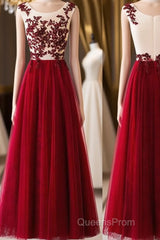 A Line Round Neck Burgundy Lace Tulle Long Evening Prom Dress, Burgundy Lace Evening Dress, Burgundy Lace Graduation Dress