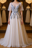 A Line Round Neck Half Sleeves Gray Lace Evening Prom Dress, Gray Floral Long Formal Evening Dress